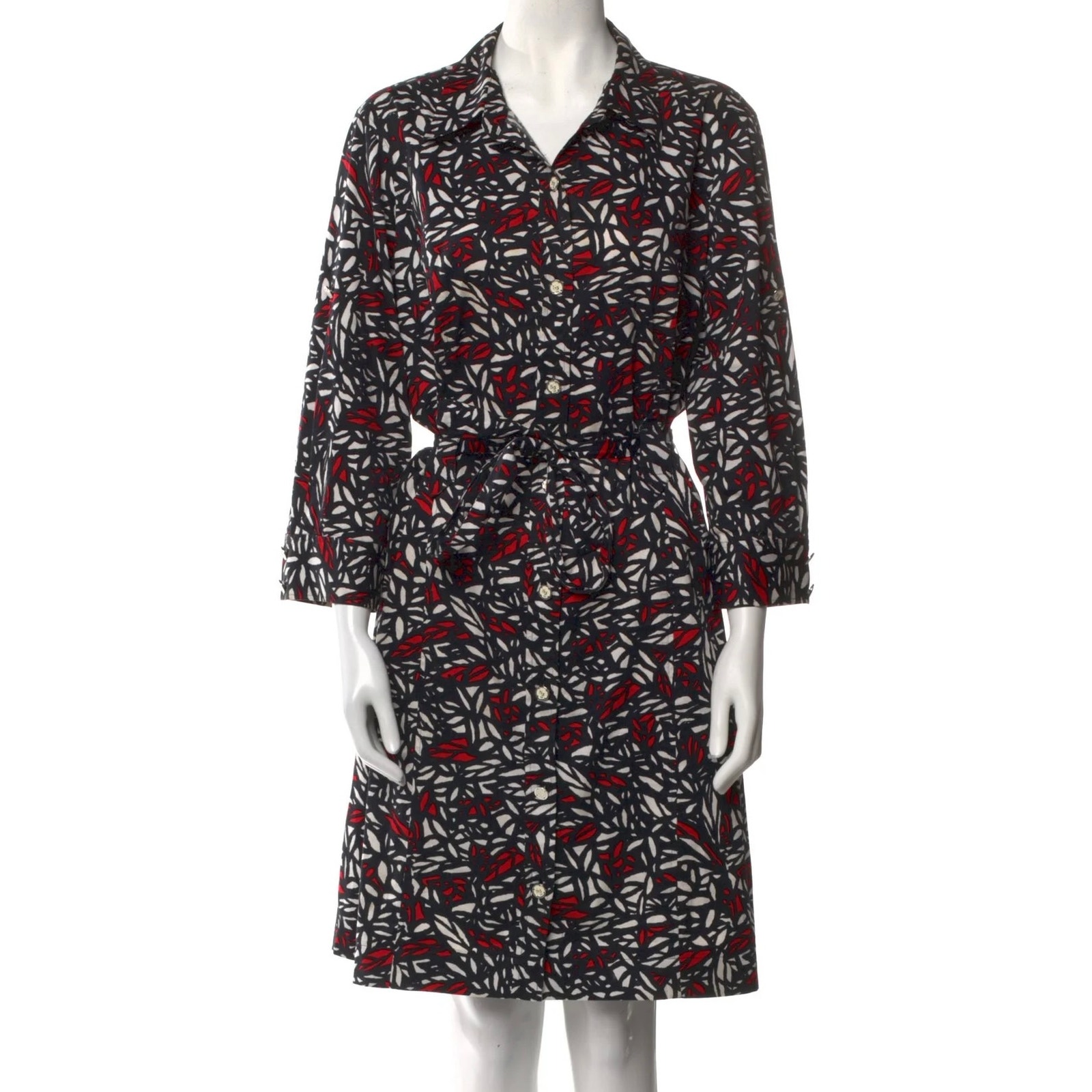 St. John Sport Black Abstract Print Shirt Dress Sz P Button Front Cotton Stretch